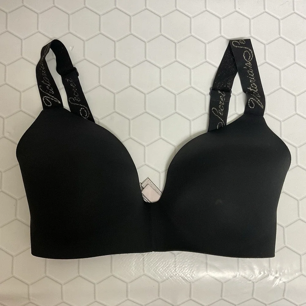 Victoria Secret T-Shirt Lightly Lined Wireless Bra 32DDD Black Gold Logo Sign